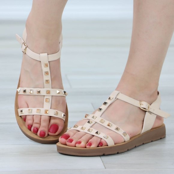 Shoes - Nude Metal Stud Trendy Comfy Flat Gladiator Sandal Slip On Sliders
